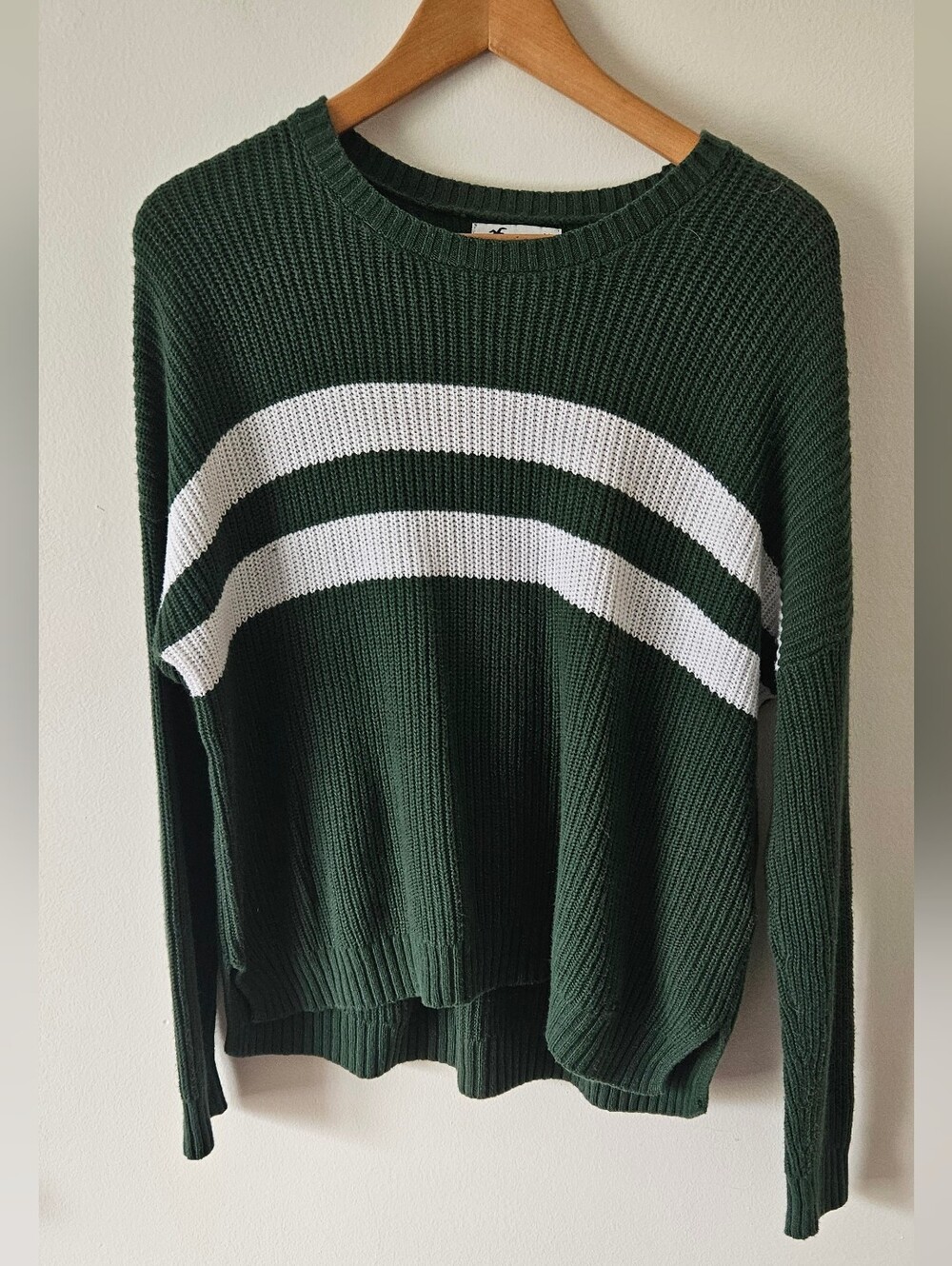 Hollister Dark Green Crewneck Sweater with White Stripes